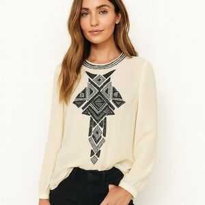 Trina Turk Silk Ivory Shirt Black Beaded Sequin Long Sleeve Blouse Size Small